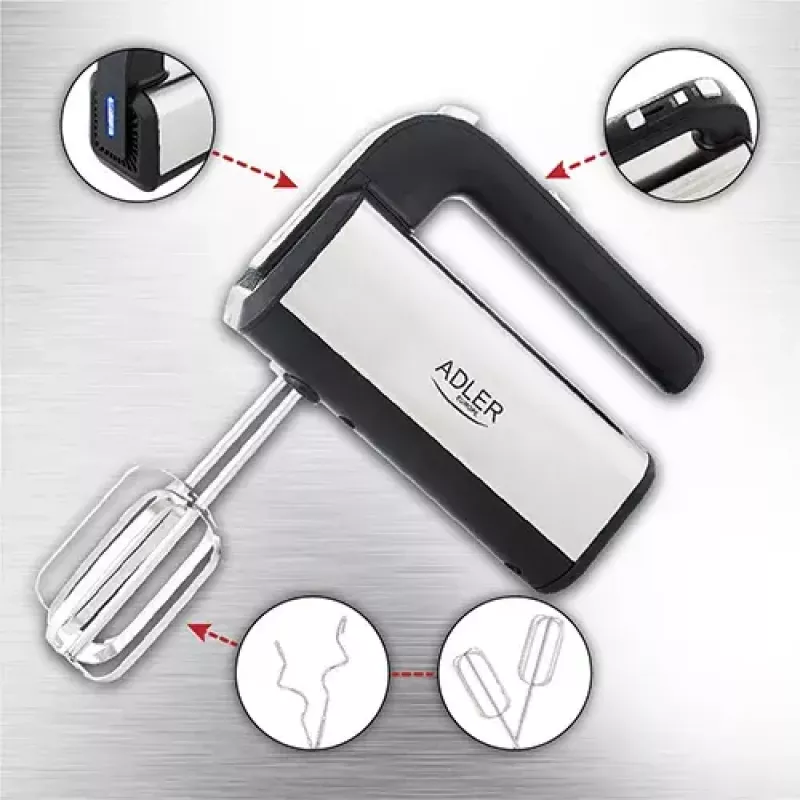 Batidora de mano Adler AD 4225 — 5 velocidades, turbo, 300 W, acero inoxidable/plata-negro, varillas y ganchos amasadores