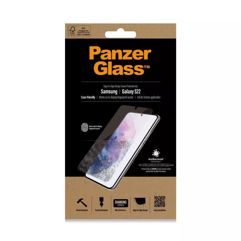PanzerGlass UltraForce1 7293 protector de pantalla para Samsung Galaxy S22, cristal templado, compatible con fundas, transparente