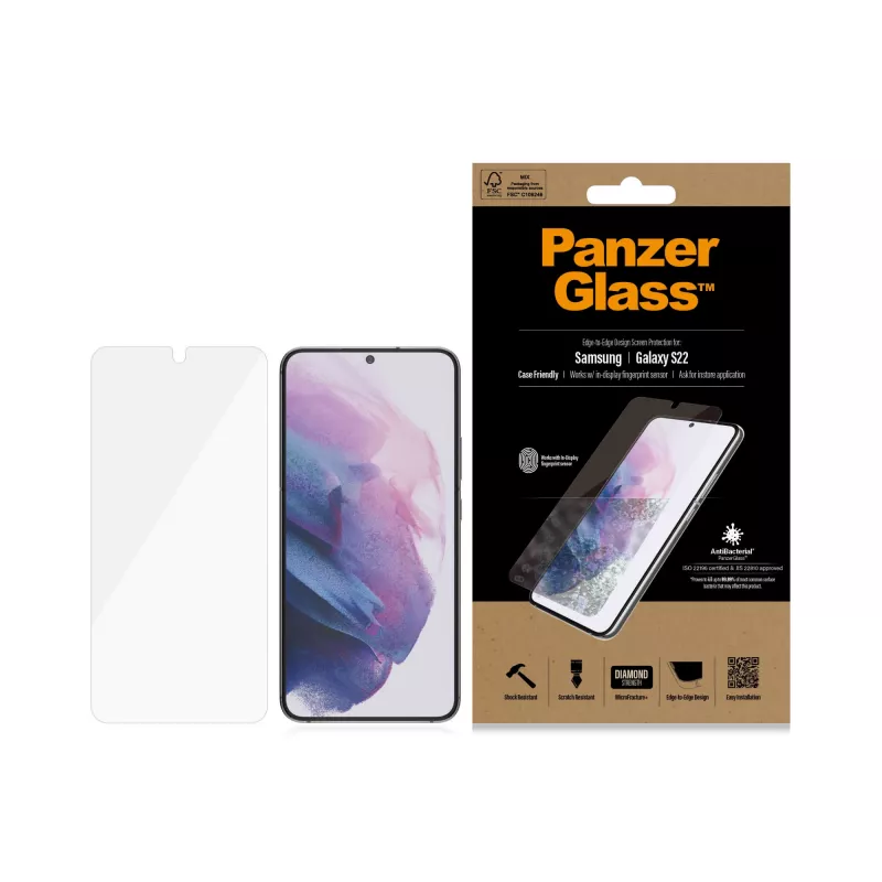 PanzerGlass UltraForce1 7293 protector de pantalla para Samsung Galaxy S22, cristal templado, compatible con fundas, transparente