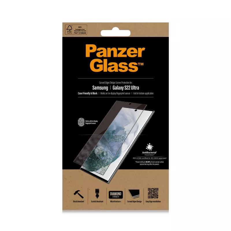 PanzerGlass 7295 protector de pantalla para Samsung Galaxy S22 Ultra, cristal templado, compatible con fundas, negro
