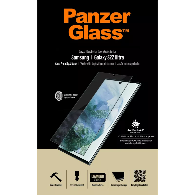 PanzerGlass 7295 protector de pantalla para Samsung Galaxy S22 Ultra, cristal templado, compatible con fundas, negro