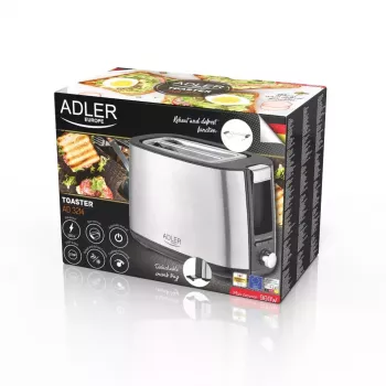 Tostadora Adler AD 3214, 2 rebanadas acero inoxidable, 900 W, 7 niveles de tostado, descongelar/reciclar/apagado automático