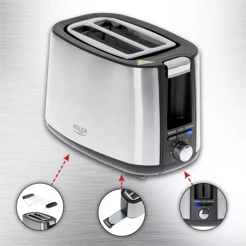 Adler AD 3214 tostadora, 2 ranuras, acero inoxidable, 750 W