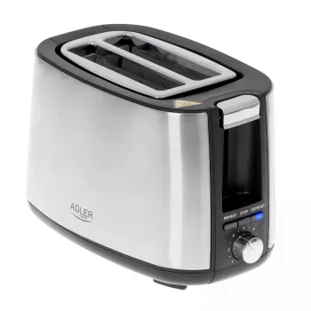 Tostadora Adler AD 3214, 2 rebanadas acero inoxidable, 900 W, 7 niveles de tostado, descongelar/reciclar/apagado automático