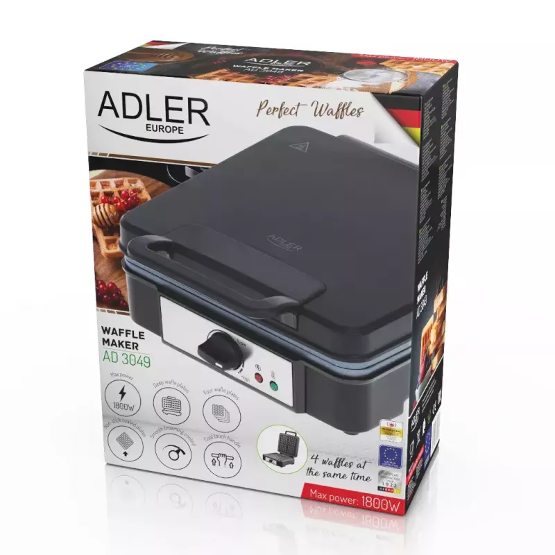 Gofrera Adler AD 3049, 4 gofres cuadrados, antiadherente, 1800 W, negra