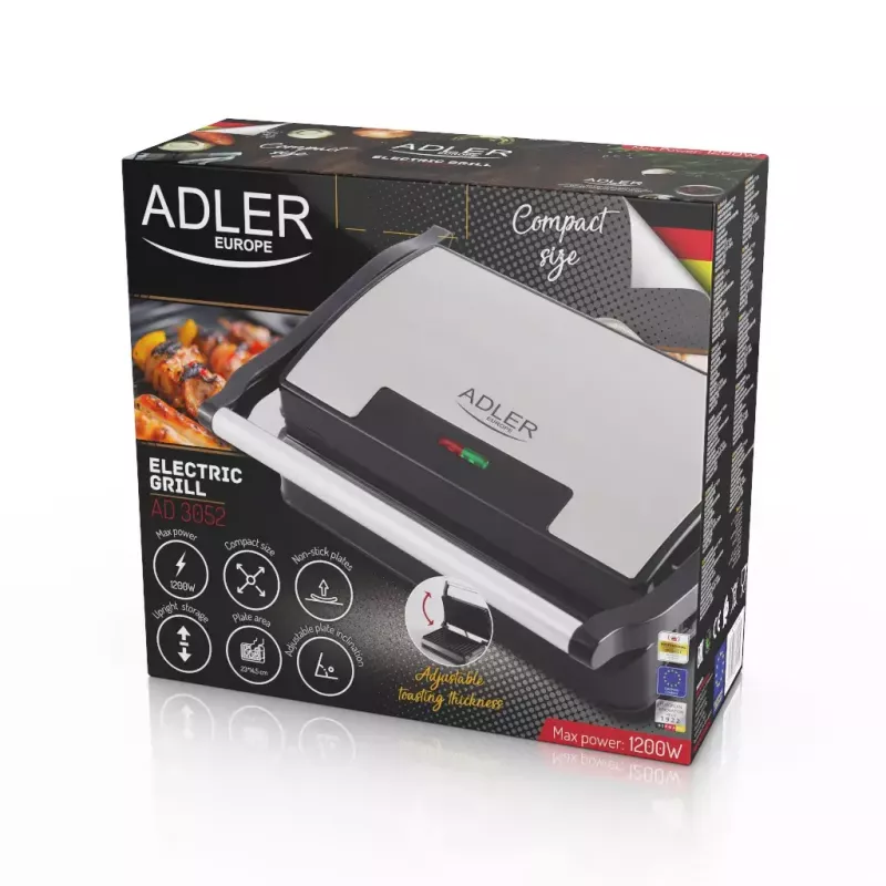 Parrilla de contacto Adler AD 3052 rectangular acero/negro, 1200 W, superficie de parrilla, tapa con bloqueo