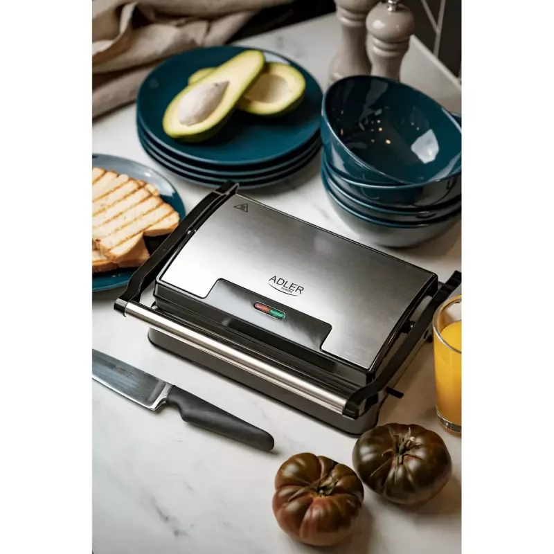 Parrilla de contacto Adler AD 3052 rectangular acero/negro, 1200 W, superficie de parrilla, tapa con bloqueo