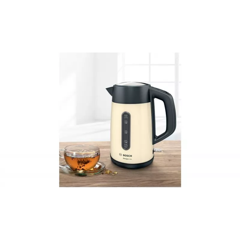 Hervidor eléctrico Bosch TWK4P437 1,7 L, 2400 W, carcasa de acero inoxidable, inalámbrico, beige/negro