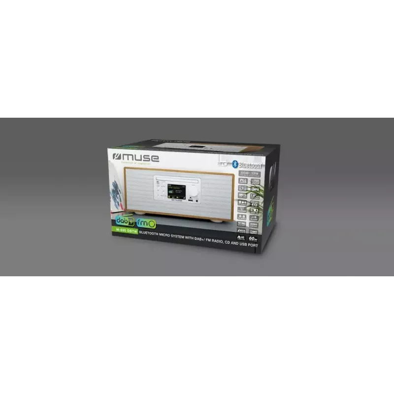 Radio personal Muse M-695 DBTW — sintonizador digital DAB/DAB+/FM, TFT de 2,8 inch, 60 W RMS, AC/DC, madera/blanco