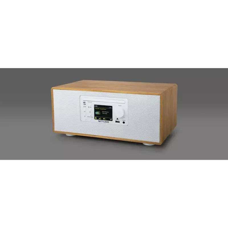 Radio personal Muse M-695 DBTW — sintonizador digital DAB/DAB+/FM, TFT de 2,8 inch, 60 W RMS, AC/DC, madera/blanco