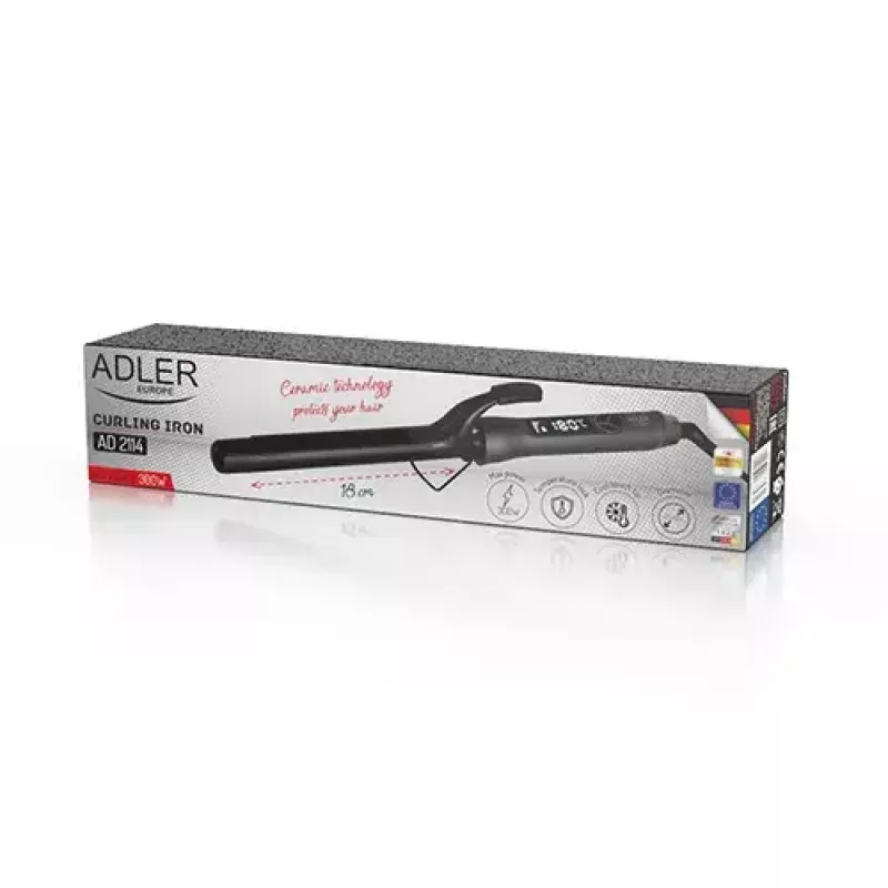 Rizador Adler AD 2114 — 60 W, cilindro de cerámica 2,5 cm, 12 niveles de temperatura, 110–210 °C, cable giratorio de 1,8 m
