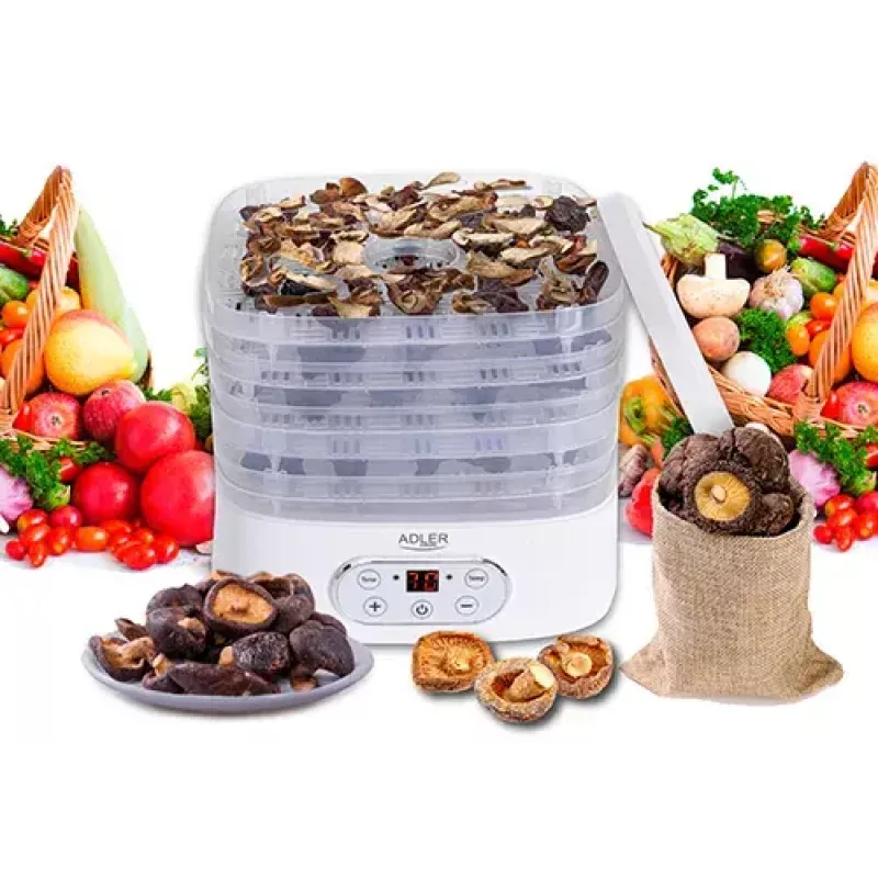 Deshidratador de alimentos Adler AD 6658, 5 bandejas, temporizador LCD 70 h, 35–70 °C, 230 W (máx. 550 W), blanco