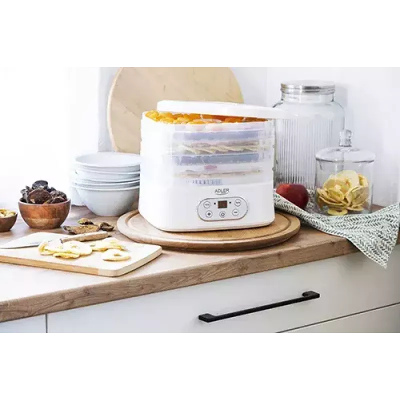Deshidratador de alimentos Adler AD 6658, 5 bandejas, temporizador LCD 70 h, 35–70 °C, 230 W (máx. 550 W), blanco