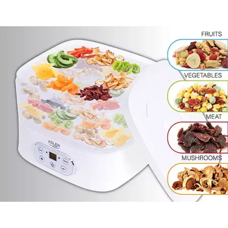 Deshidratador de alimentos Adler AD 6658, 5 bandejas, temporizador LCD 70 h, 35–70 °C, 230 W (máx. 550 W), blanco