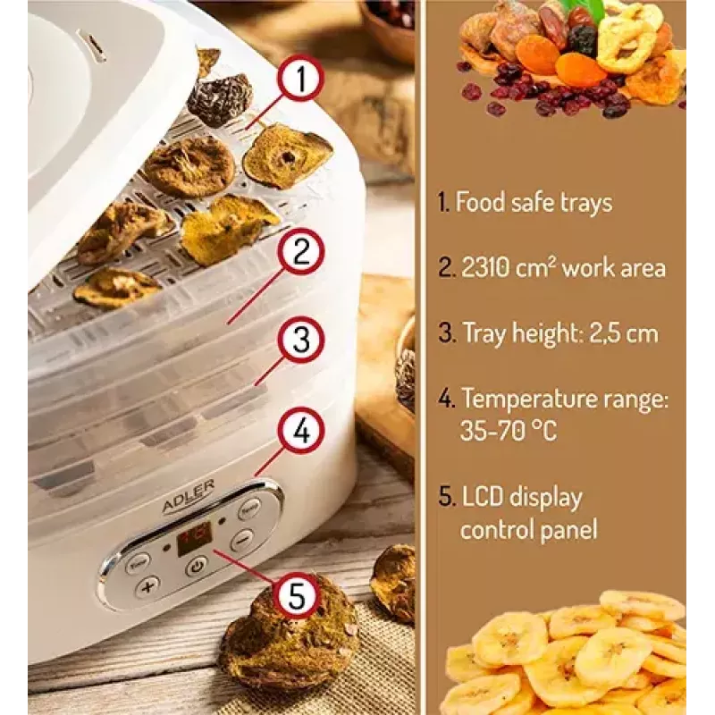 Deshidratador de alimentos Adler AD 6658, 5 bandejas, temporizador LCD 70 h, 35–70 °C, 230 W (máx. 550 W), blanco
