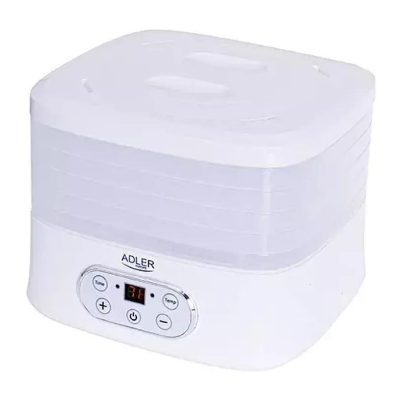 Deshidratador de alimentos Adler AD 6658, 5 bandejas, temporizador LCD 70 h, 35–70 °C, 230 W (máx. 550 W), blanco