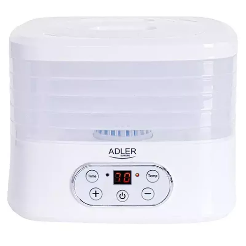 Deshidratador de alimentos Adler AD 6658, 5 bandejas, temporizador LCD 70 h, 35–70 °C, 230 W (máx. 550 W), blanco
