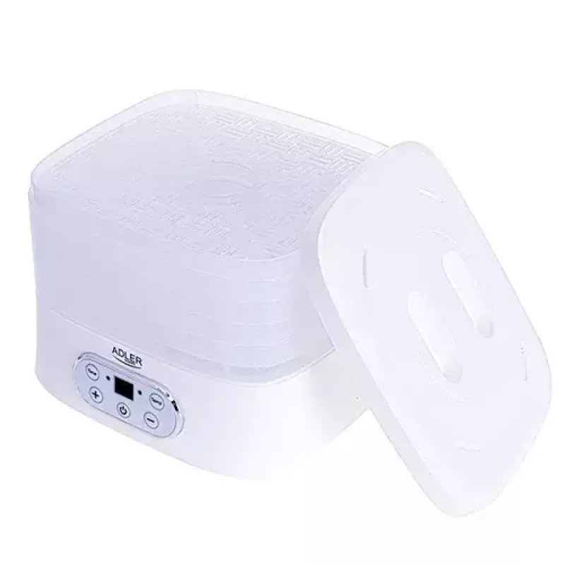 Deshidratador de alimentos Adler AD 6658, 5 bandejas, temporizador LCD 70 h, 35–70 °C, 230 W (máx. 550 W), blanco