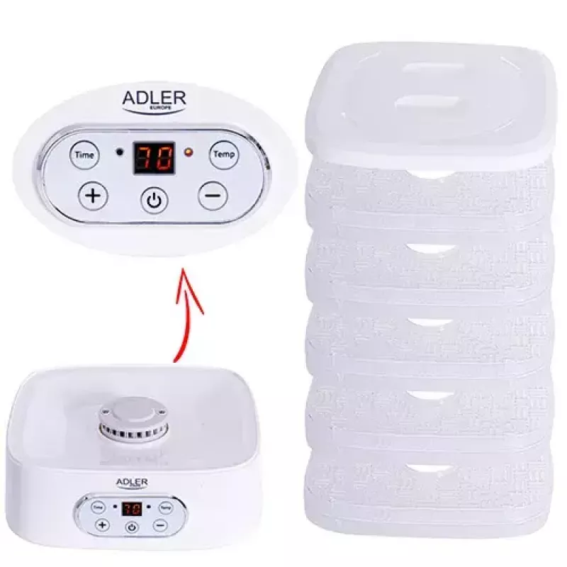 Deshidratador de alimentos Adler AD 6658, 5 bandejas, temporizador LCD 70 h, 35–70 °C, 230 W (máx. 550 W), blanco