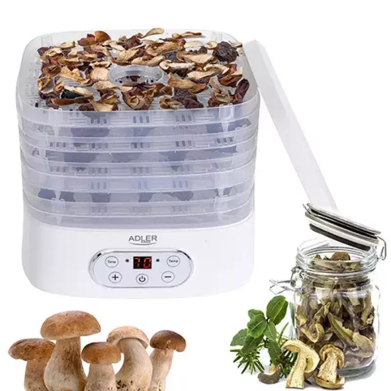Deshidratador de alimentos Adler AD 6658, 5 bandejas, temporizador LCD 70 h, 35–70 °C, 230 W (máx. 550 W), blanco