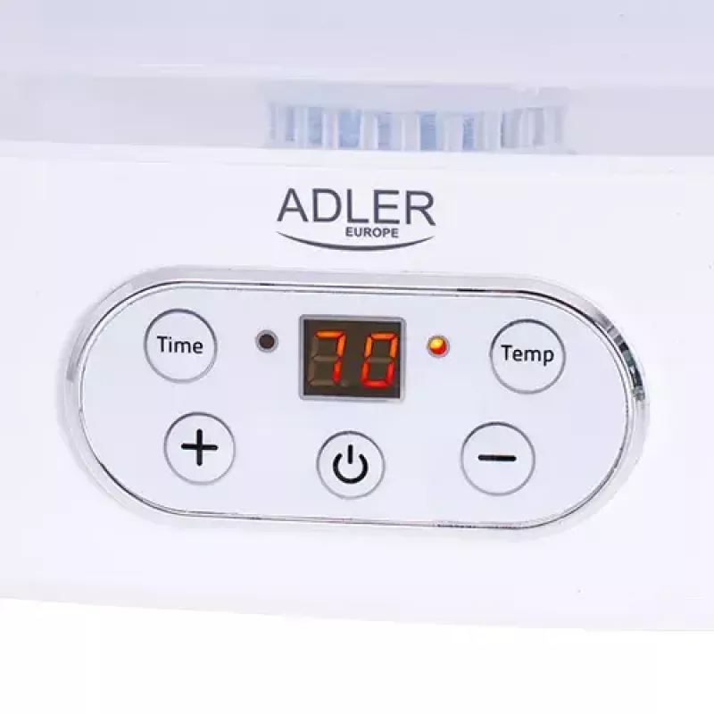Deshidratador de alimentos Adler AD 6658, 5 bandejas, temporizador LCD 70 h, 35–70 °C, 230 W (máx. 550 W), blanco