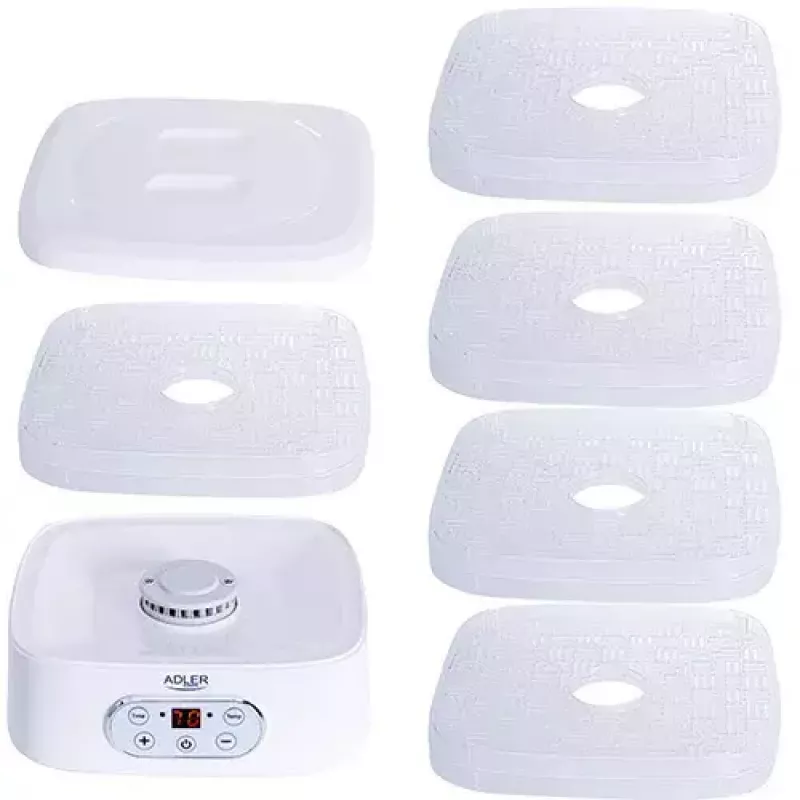 Deshidratador de alimentos Adler AD 6658, 5 bandejas, temporizador LCD 70 h, 35–70 °C, 230 W (máx. 550 W), blanco