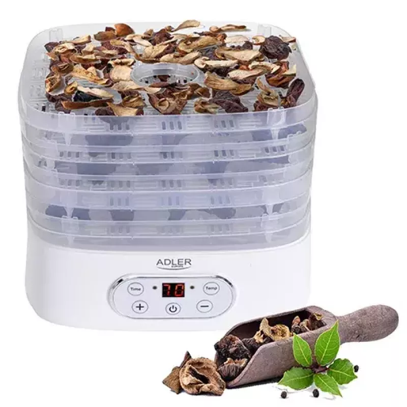 Deshidratador de alimentos Adler AD 6658, 5 bandejas, temporizador LCD 70 h, 35–70 °C, 230 W (máx. 550 W), blanco