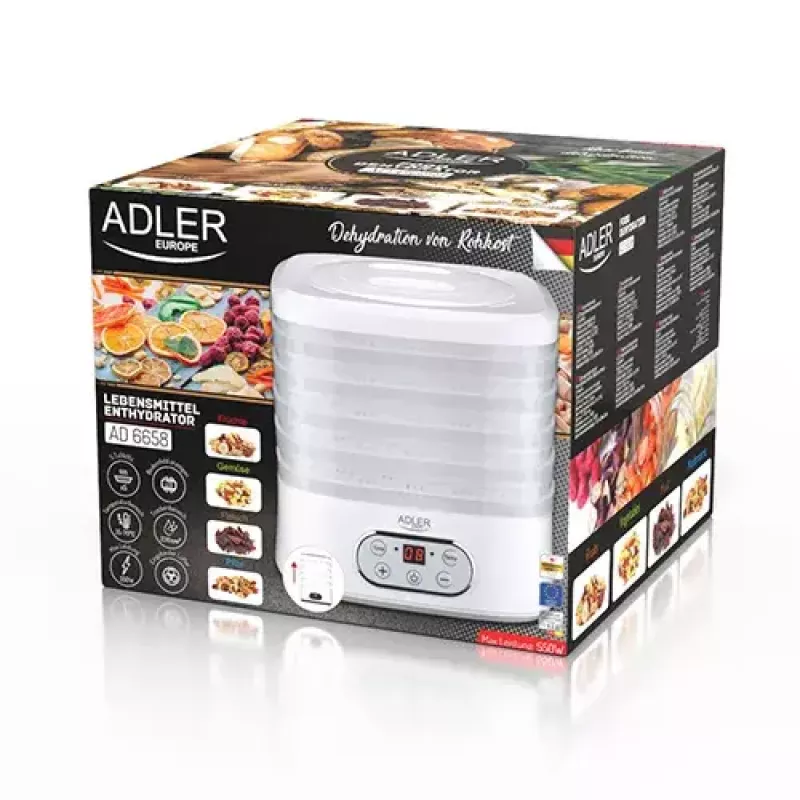 Deshidratador de alimentos Adler AD 6658, 5 bandejas, temporizador LCD 70 h, 35–70 °C, 230 W (máx. 550 W), blanco