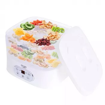 Deshidratador de alimentos Adler AD 6658, 5 bandejas, temporizador LCD 70 h, 35–70 °C, 230 W (máx. 550 W), blanco