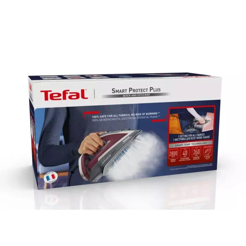 Tefal Smart Protect Plus FV6870E0 plancha de vapor, 2800 W, suela Durilium AirGlide, depósito de 270 ml, vapor 40 g/min, golpe de vapor 260 g/min, cable de 2 m, rojo/gris