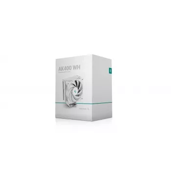 Disipador de aire DeepCool AK400 WH — 4×6 mm heatpipes de cobre, ventilador FDB de 120 mm, 1850 rpm, 66,47 CFM, compatible con LGA 1700 y zócalos Intel/AMD habituales, blanco