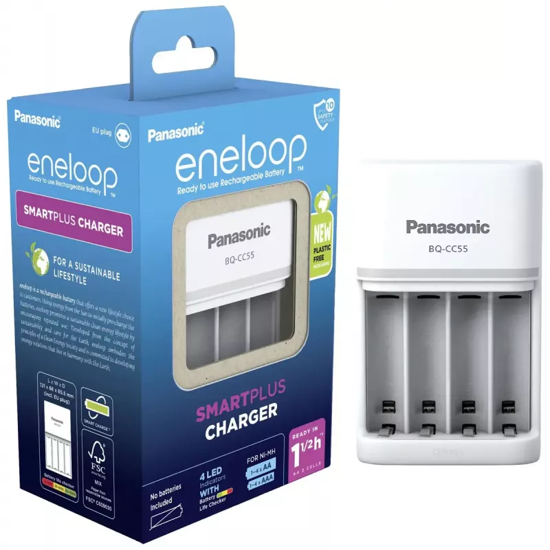 Cargador de baterías Panasonic BQ-CC55E — cargador compacto NiMH/NiCd para baterías AA/AAA