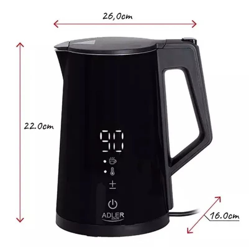 Hervidor eléctrico Adler AD 1345b — capacidad de 1,7 l, 2200 W, acero inoxidable, negro