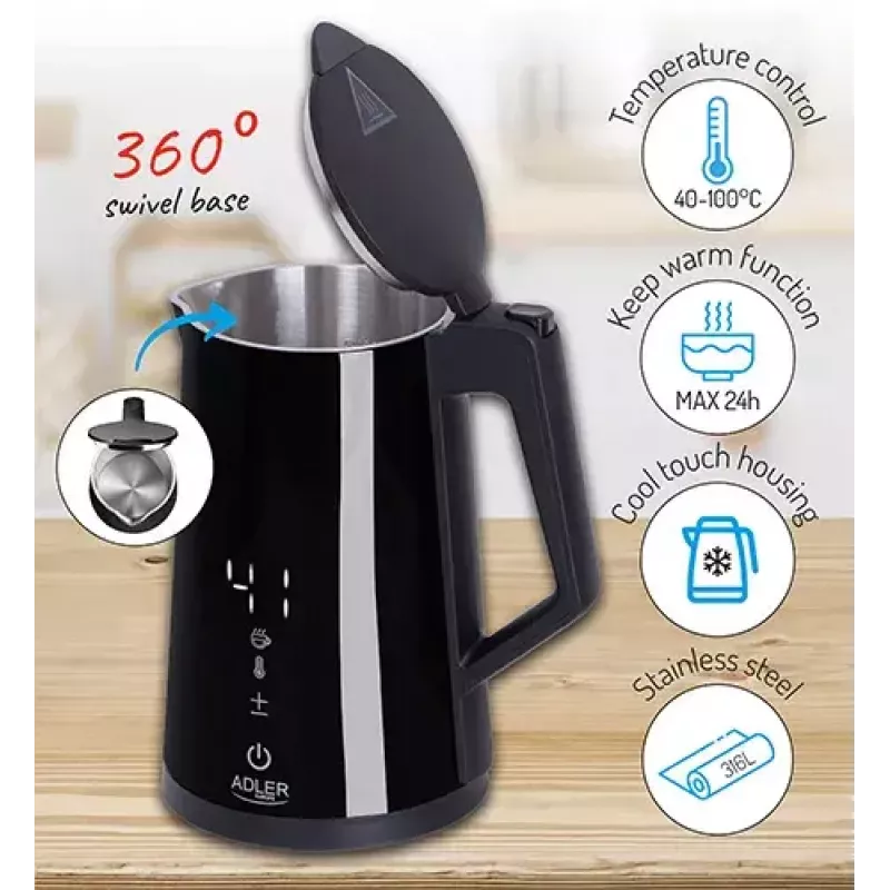 Hervidor eléctrico Adler AD 1345b — capacidad de 1,7 l, 2200 W, acero inoxidable, negro