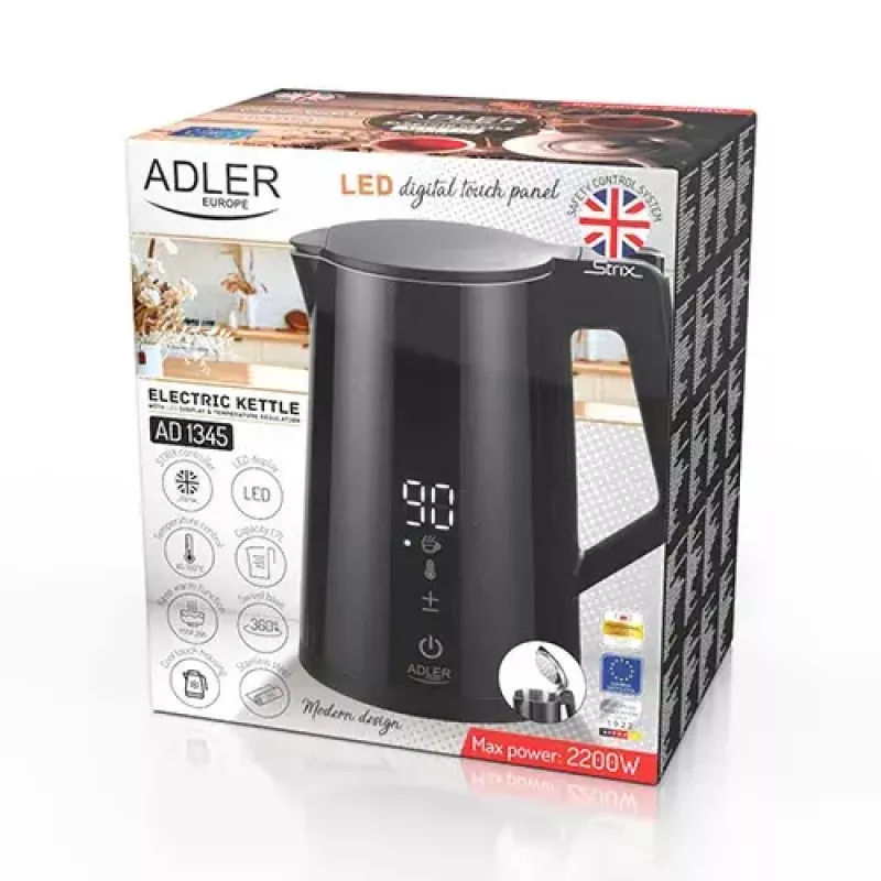 Hervidor eléctrico Adler AD 1345b — capacidad de 1,7 l, 2200 W, acero inoxidable, negro