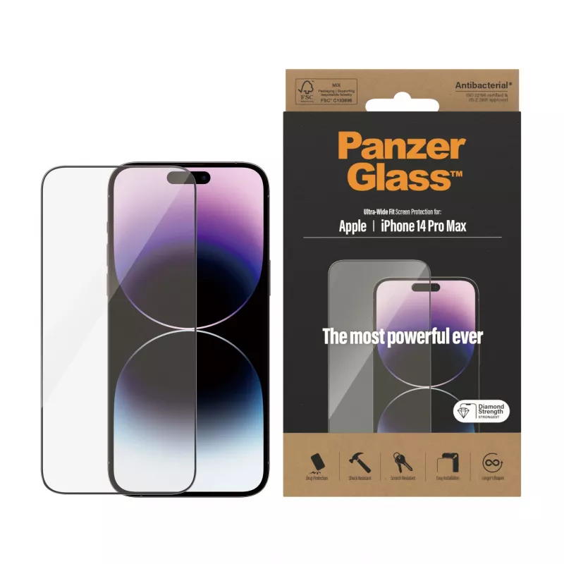 Protector de pantalla PanzerGlass Apple iPhone 14 Pro Max Ultra-Wide Fit resistente a arañazos y golpes