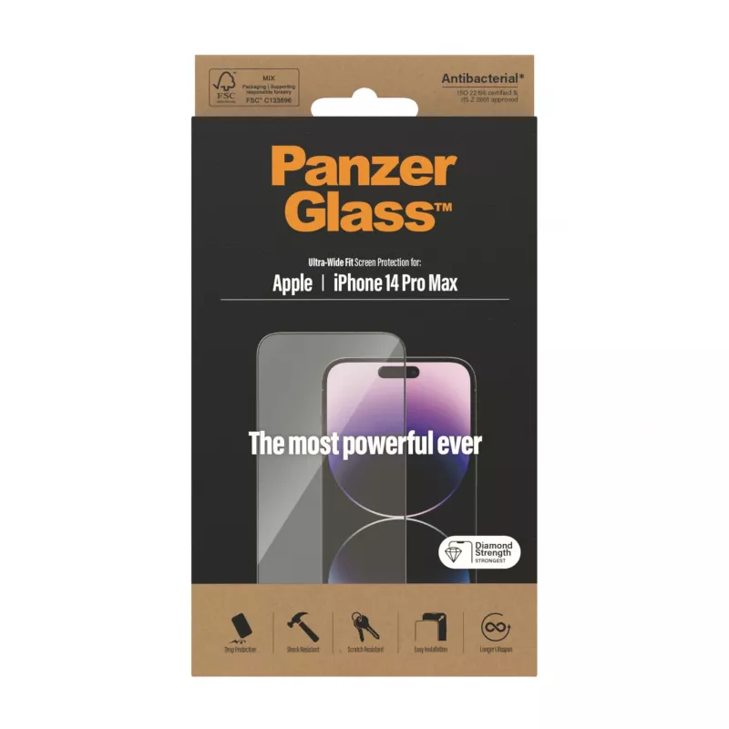 Protector de pantalla PanzerGlass Apple iPhone 14 Pro Max Ultra-Wide Fit resistente a arañazos y golpes