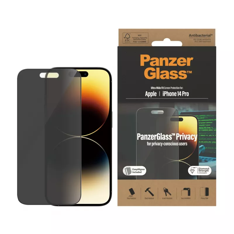PanzerGlass ® Protector de pantalla con privacidad iPhone 14 Pro | Ultra-Wide Fit con EasyAligner