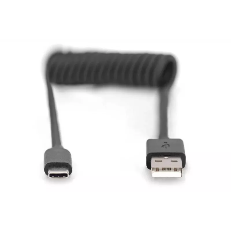 Digitus AK-300430-006-S cable en espiral USB 2.0 de USB-A a USB-C, 1 m, 480 Mbit/s, 60 W PD, negro