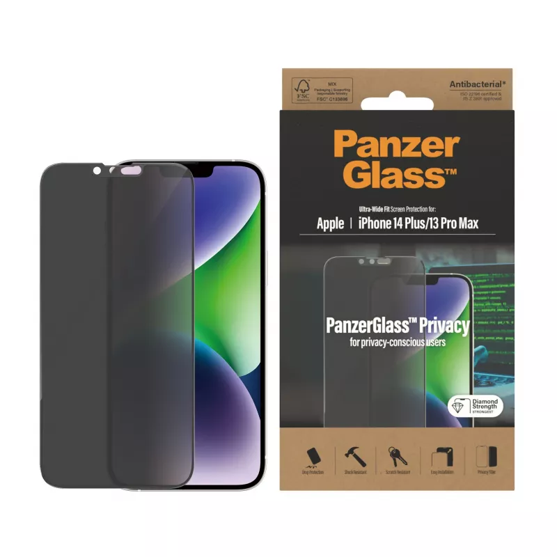 Protector de pantalla de privacidad PanzerGlass Apple iPhone 14 Plus 13 Pro Max resistente a arañazos y golpes