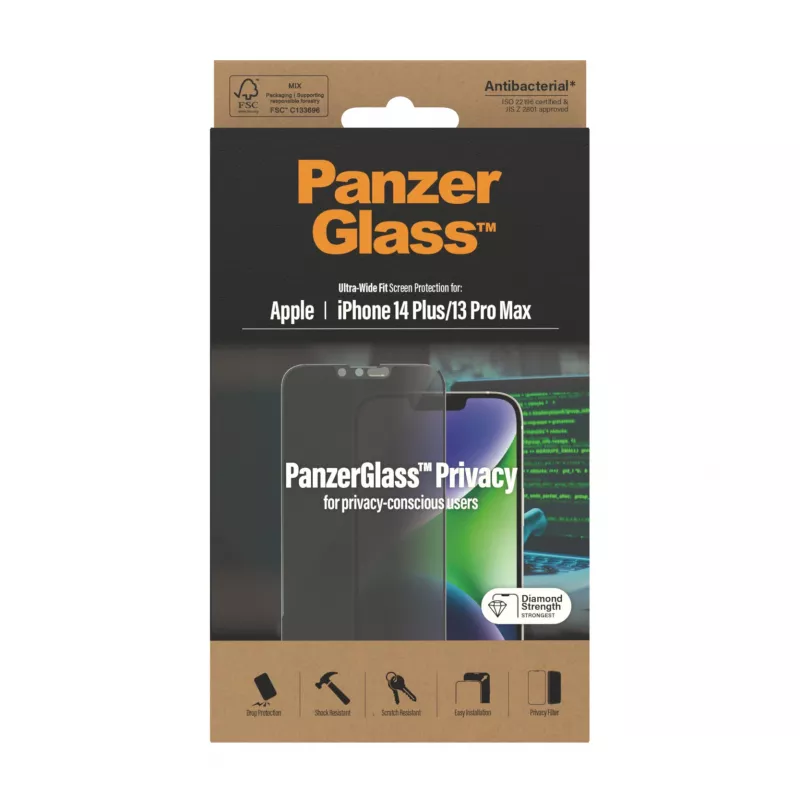 Protector de pantalla de privacidad PanzerGlass Apple iPhone 14 Plus 13 Pro Max resistente a arañazos y golpes