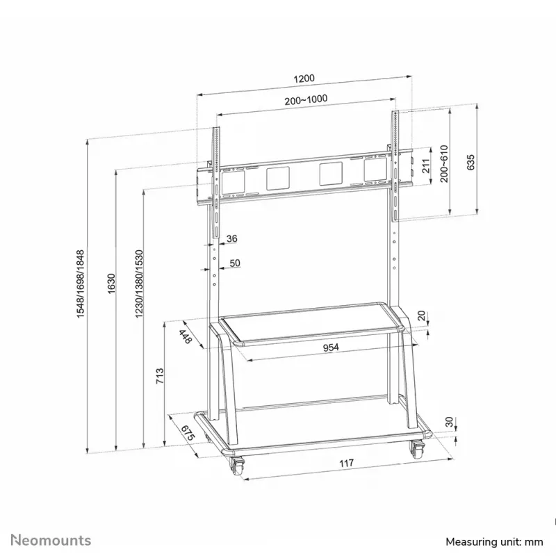 Neomounts NS-M4000BLACK carro para TV, soporte de suelo 60-105 pulgadas (152,4-267 cm), máx. 150 kg, VESA 200x200-1000x600, altura regulable, con estante, negro