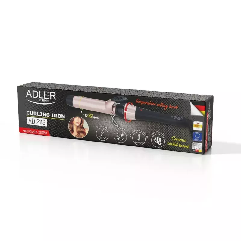 Rizador Adler AD 2118 — tubo cerámico de 32 mm, calefacción cerámica PTC, 140–200 °C, 56 W