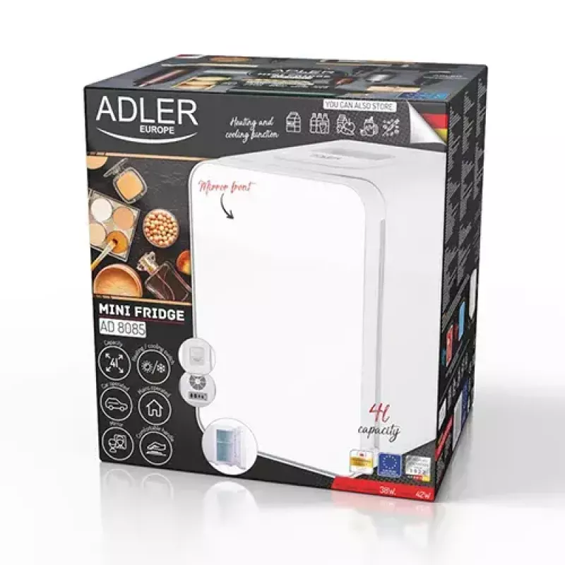 Mininevera independiente Adler AD 8085, 4 L, apertura derecha, puerta con espejo, 220–240 V/12 V