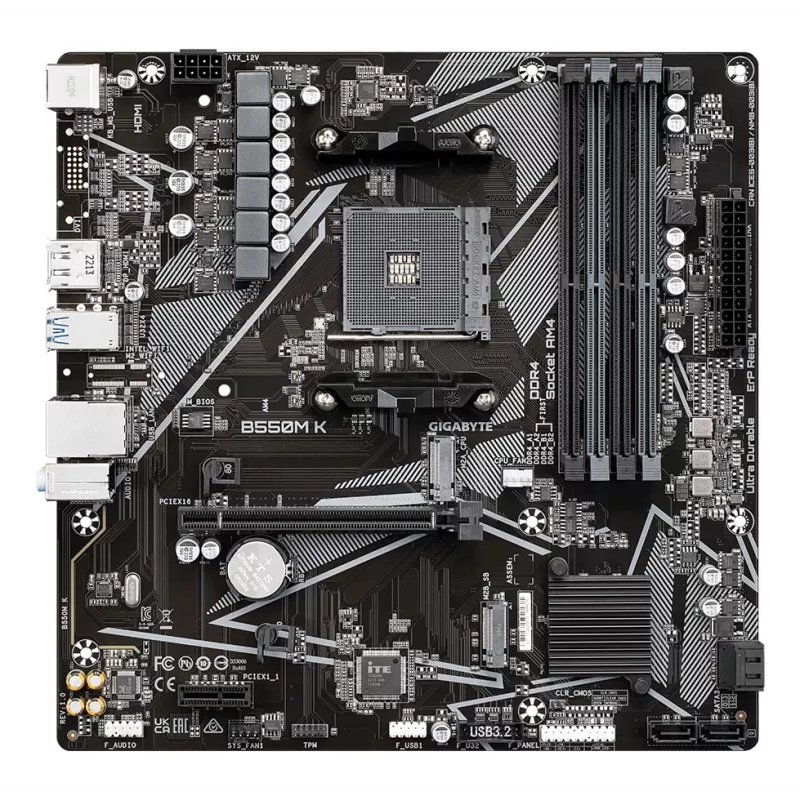 Placa base GIGABYTE B550M K - CPU AMD Ryzen 5000, hasta 4733MHz DDR4, 1xPCIe 4.0 + 1xPCIe 3.0 M.2, 1GbE LAN, USB 3.2 Gen 1