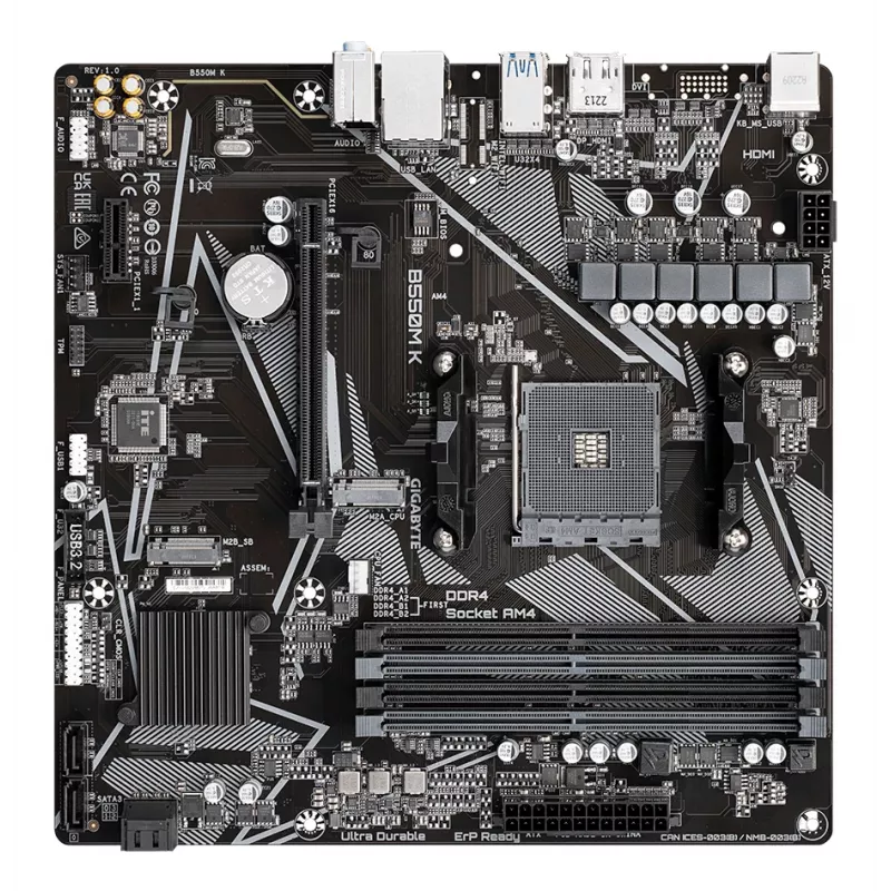 Placa base GIGABYTE B550M K - CPU AMD Ryzen 5000, hasta 4733MHz DDR4, 1xPCIe 4.0 + 1xPCIe 3.0 M.2, 1GbE LAN, USB 3.2 Gen 1