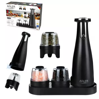 Juego de molinillos de sal y pimienta Adler AD 4449B — acero inoxidable/negro, capacidad 150 ml, batería de litio, 80×80×263 mm