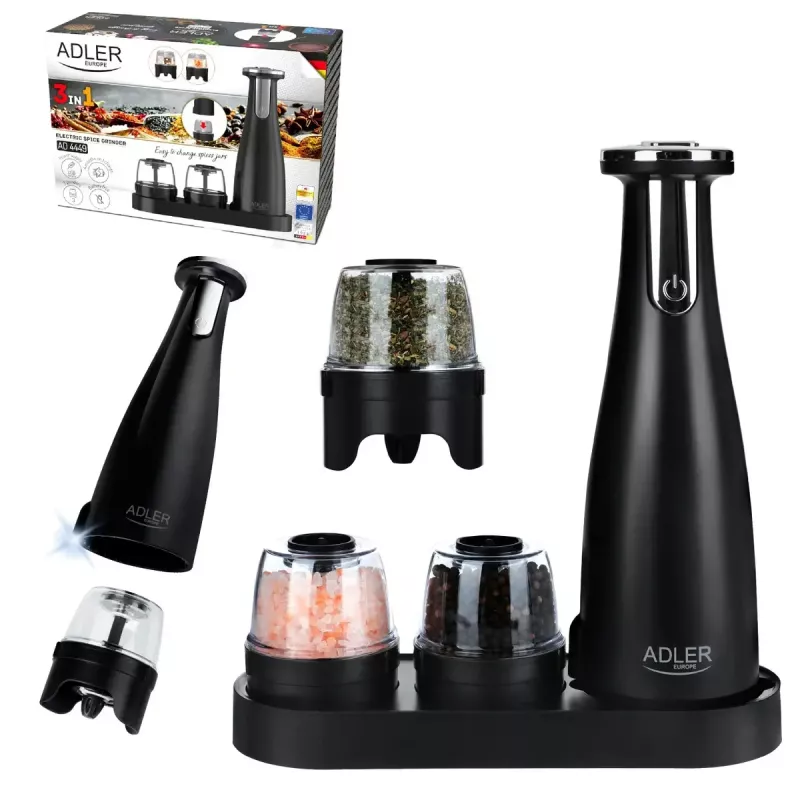 Adler AD 4449B set de molinillos eléctricos de sal y pimienta, 3 molinillos, muelas de cerámica, carga USB-C, batería de litio, 7 W, 150 ml, negro mate
