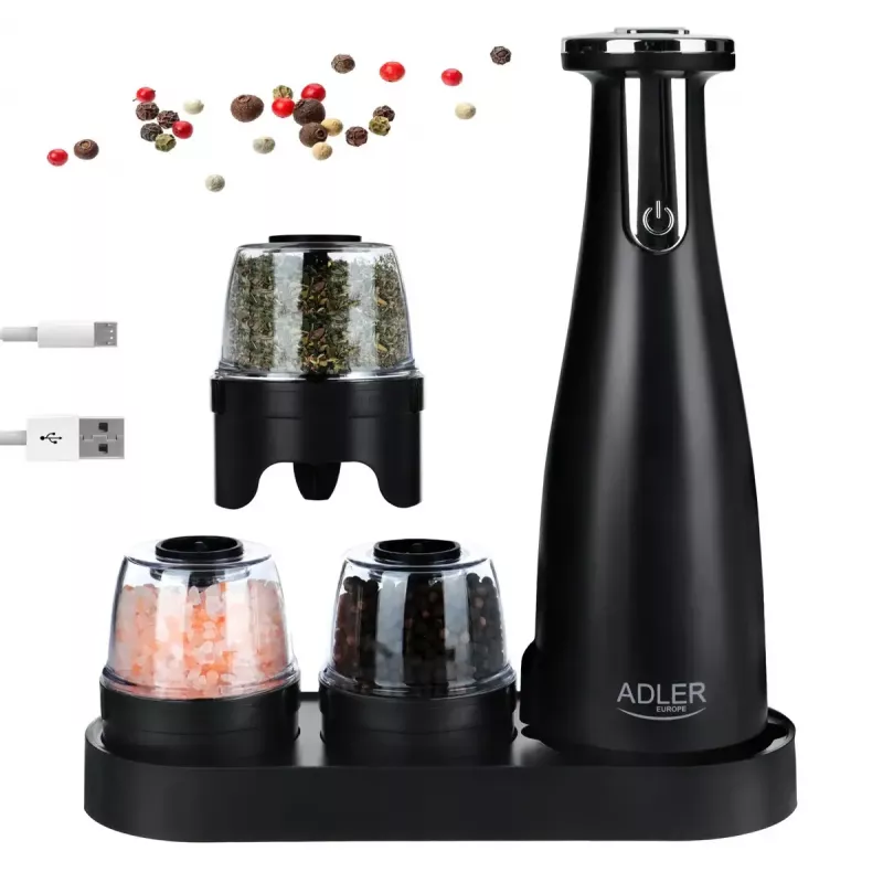 Adler AD 4449B set de molinillos eléctricos de sal y pimienta, 3 molinillos, muelas de cerámica, carga USB-C, batería de litio, 7 W, 150 ml, negro mate