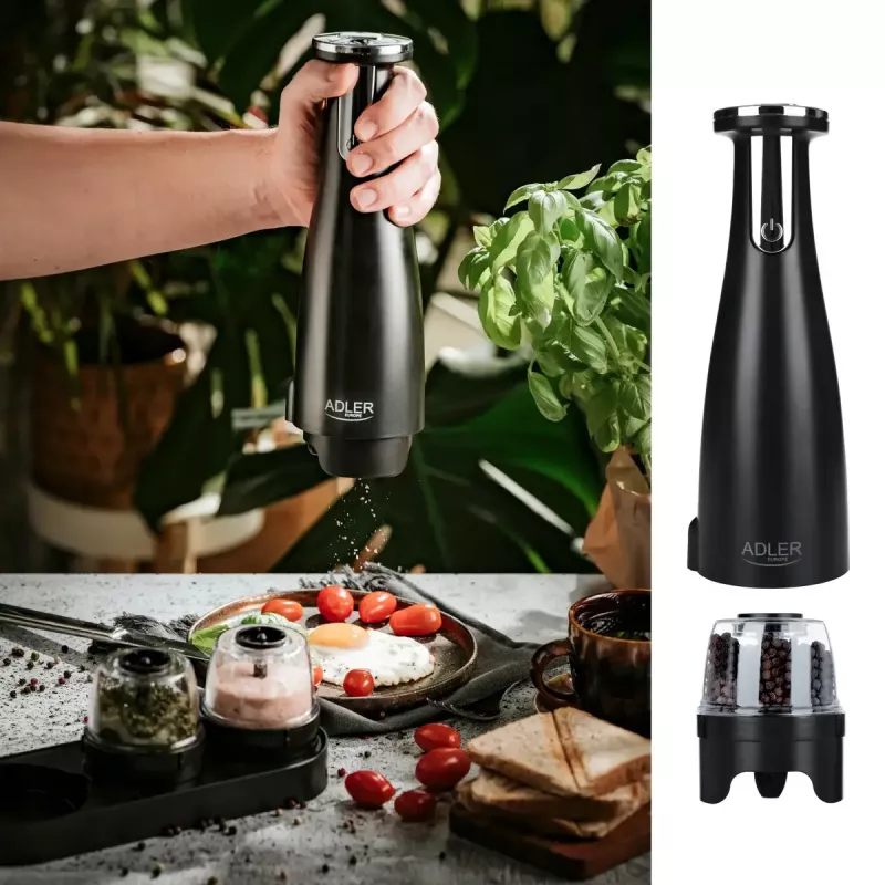 Adler AD 4449B set de molinillos eléctricos de sal y pimienta, 3 molinillos, muelas de cerámica, carga USB-C, batería de litio, 7 W, 150 ml, negro mate